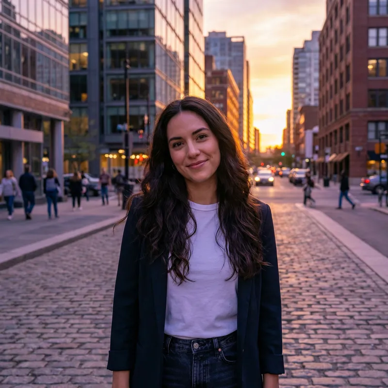 Confident 24-Year-Old Woman in Urban Sunset Scene