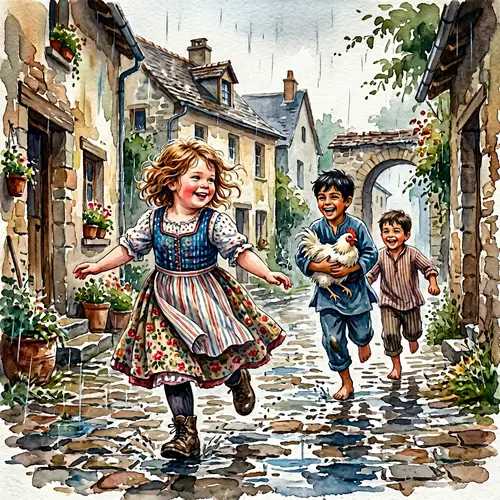 Childhood Joy in Rainy Village: Chubby Girl & Brothers with White Chicken