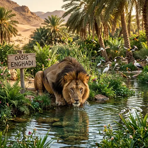 Enghadi Oasis: Majestic Lion Drinking Water in Vigilant Stare