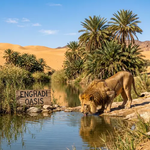 Majestic Lion Drinking at Enghadi Oasis - Serene Wildlife Scene
