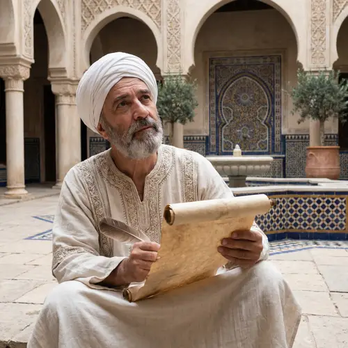 8th Century Middle Eastern Scholar in Tranquil Courtyard