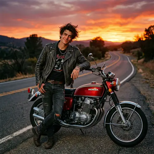 Rebellious Young Man with Vintage Motorcycle | Edgy Bad Boy Image