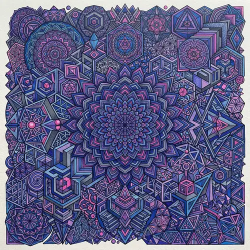 Intricate and Elaborate Geometric Doodle Art in Blues and Purples