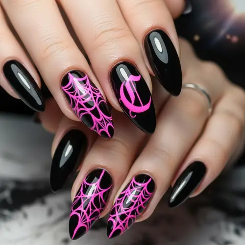 Gothic Almond Nails with Black and Pink Design