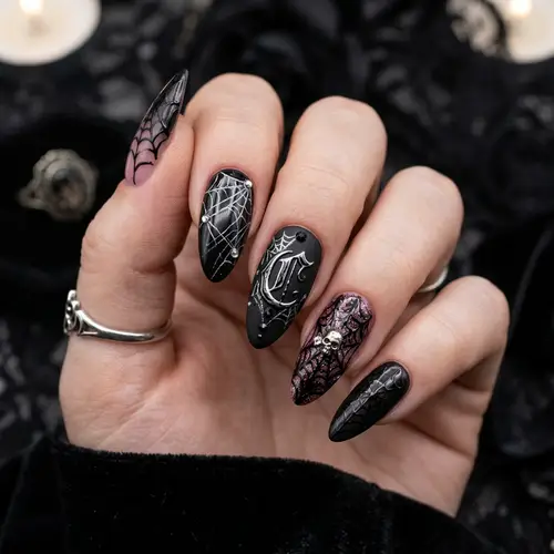 Gothic Almond Nails with Black and Pink Design