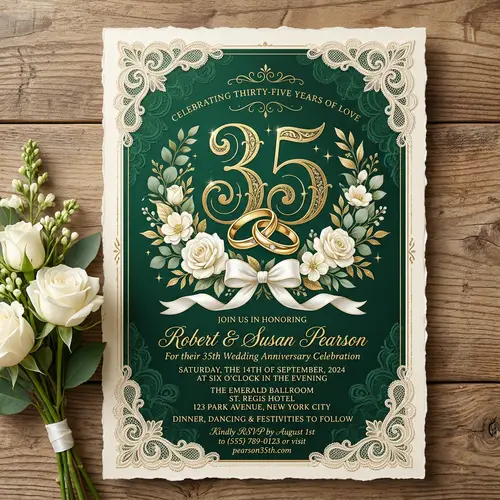 Elegant 35th Wedding Anniversary Invitation | Vintage Emerald Green Theme