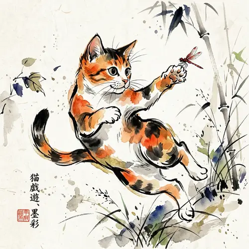 Playful Cat Watercolor Painting: Japanese Ink Wash Style