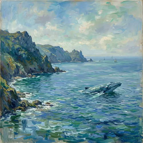 Tranquil Ocean & Majestic Whale Oil Painting | Claude Monet Inspiration