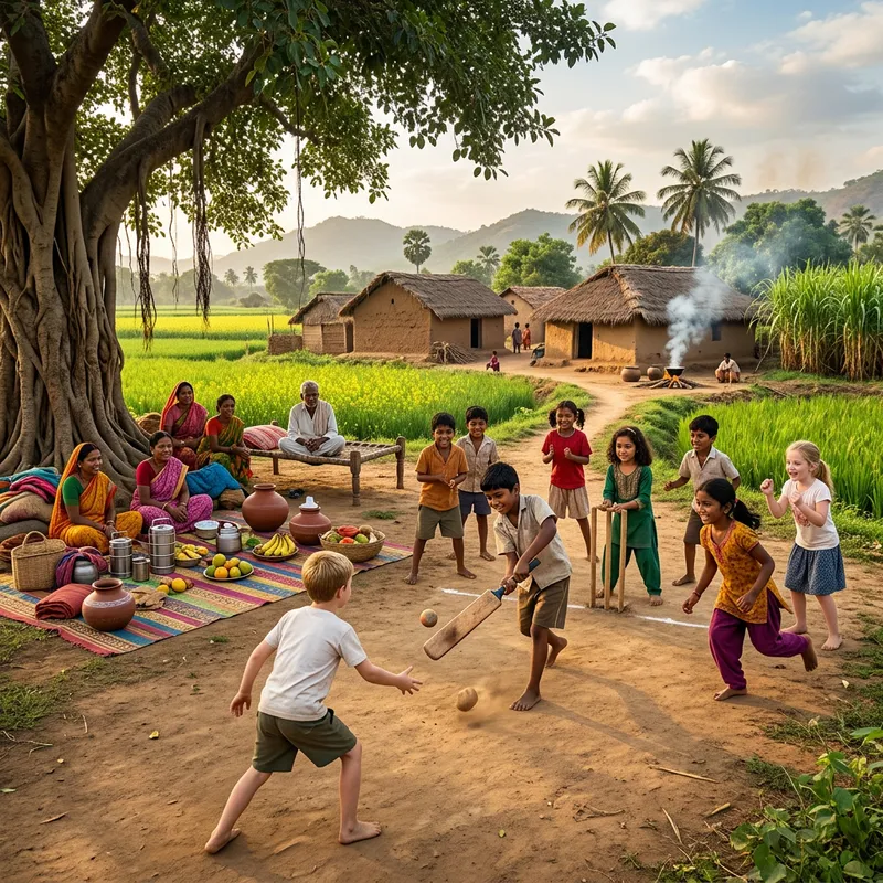 Diverse Children Playing Cricket in a Picturesque Indian Village Setting Diverse Children Playing Cricket in a Picturesque Indian Village Setting