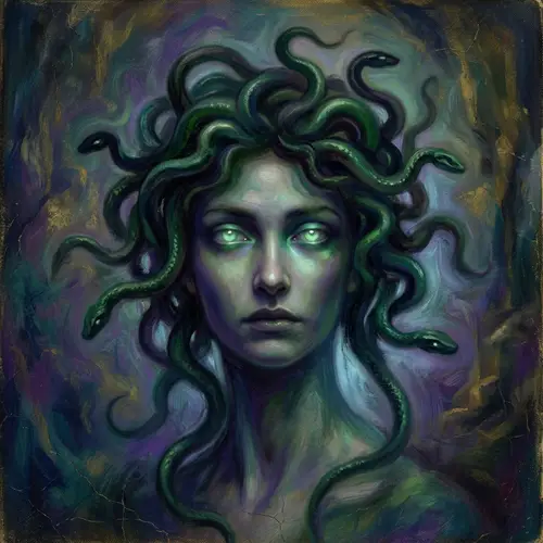 Surrealist Portrait of Medusa with Glowing Green Snake Eyes