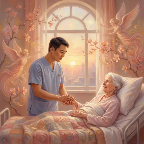Empathetic Nurse Caring for Elderly Patient in Serene Hospital Environment