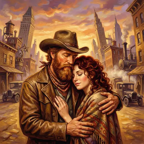 Passionate Cowboy Embracing Beauty in Dreamlike Cityscape