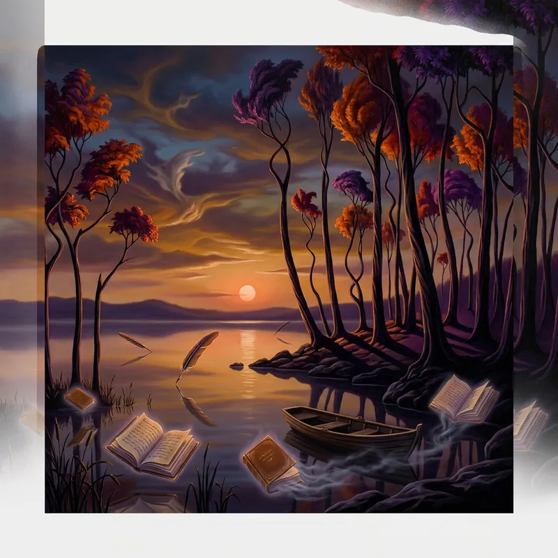 Mystical Sunset at Tranquil Lake - Salvador Dali's Influence