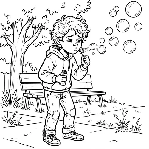 Gender-Diverse Child Blowing Soap Bubbles | Comic Book Style