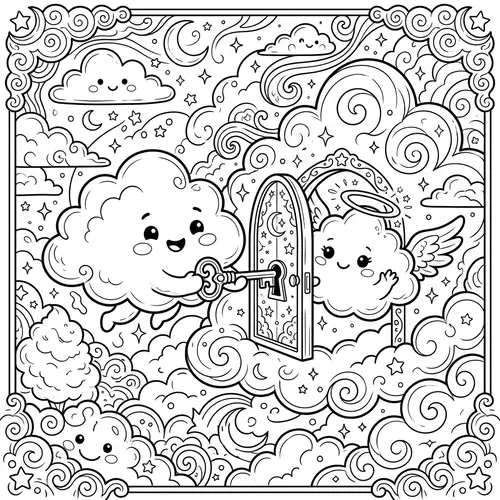 Enchanting Cloud Coloring Page with Key to Secret Door and Angelic Cloud