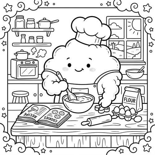 Whimsical Cloud Baking Coloring Page for Kids