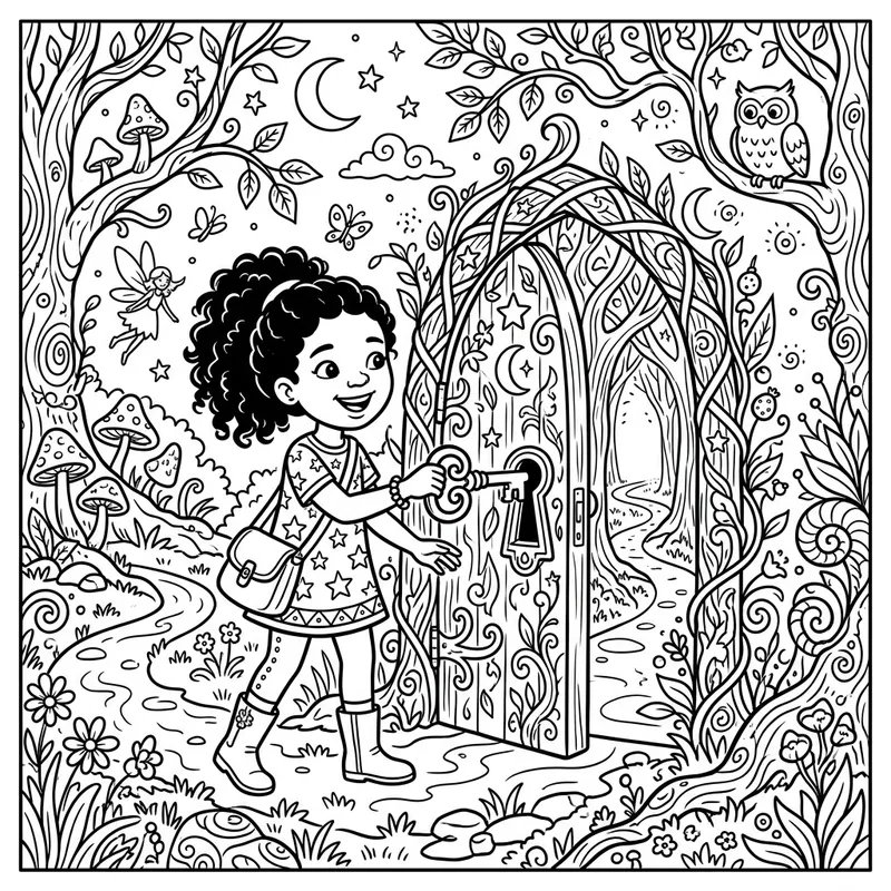 Child Unlocking Imaginary Door Coloring Page - Children's Fantasy