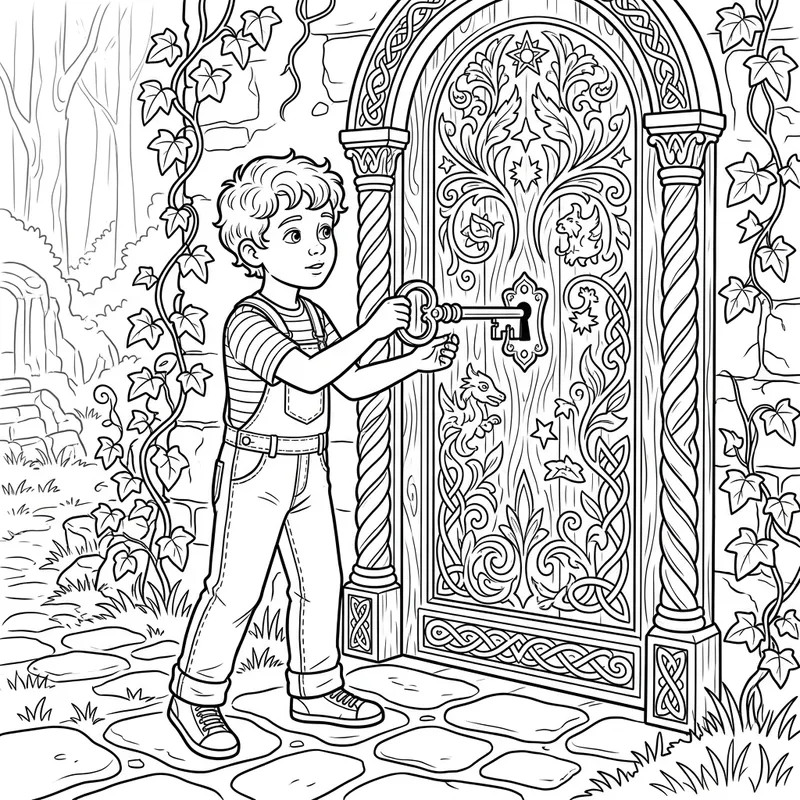 Child Unlocking Imaginary Door Coloring Page | Key Adventures Child Unlocking Imaginary Door Coloring Page | Key Adventures