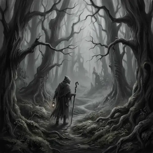 Enchanting Yet Eerie Character in Shadow-Filled Forest | Artistic Symbolism