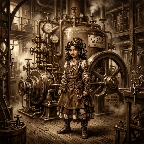 Steampunk-Inspired Digital Painting of Young Hispanic Girl