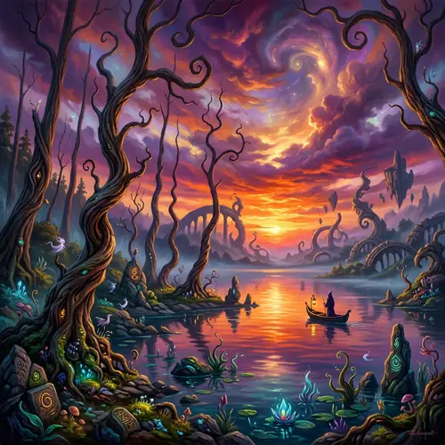 Surreal Sunset by Serene Lake | Twisted Trees & Vibrant Hues