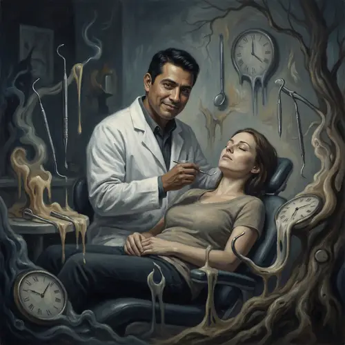 Male Hispanic Dentist & Sedated Female Patient in Surrealist Scene