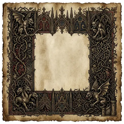 Intricate Gothic Page Border Design: Gargoyles, Vines, Linear Patterns