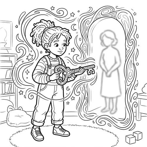 Coloring Page Illustration: Child Unlocking Mystic Door