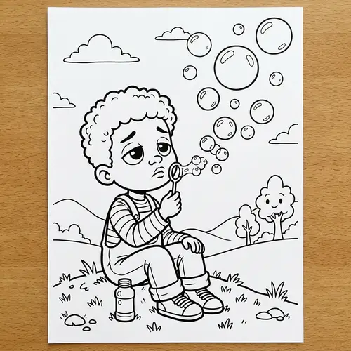 Melancholy Child Blowing Soap Bubbles | Coloring Page Illustration