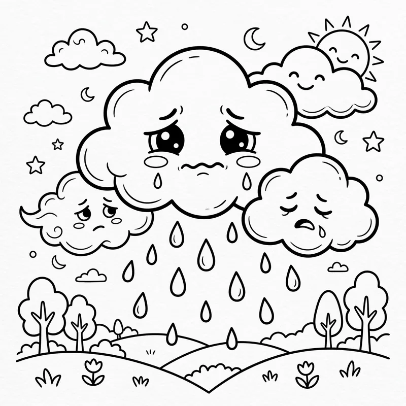 Whimsical Clouds Coloring Page | Conveying Sadness & Wonder