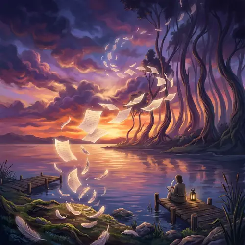 Tranquil Lake Sunset with Surreal Tree Forms and Feather Evolution