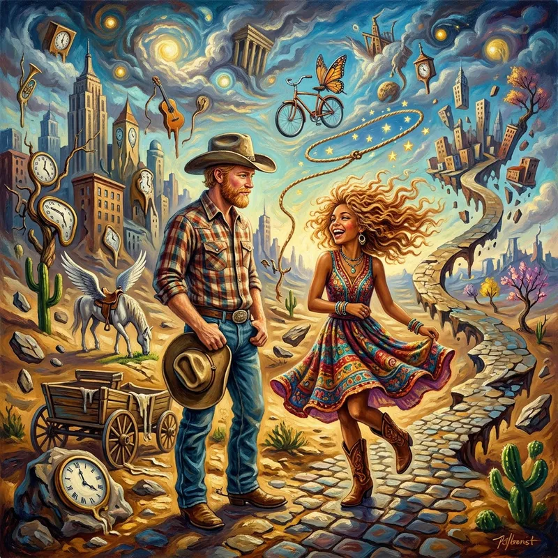 Surrealist Masterpiece: Enchanting Encounter of Cowboy and City Girl