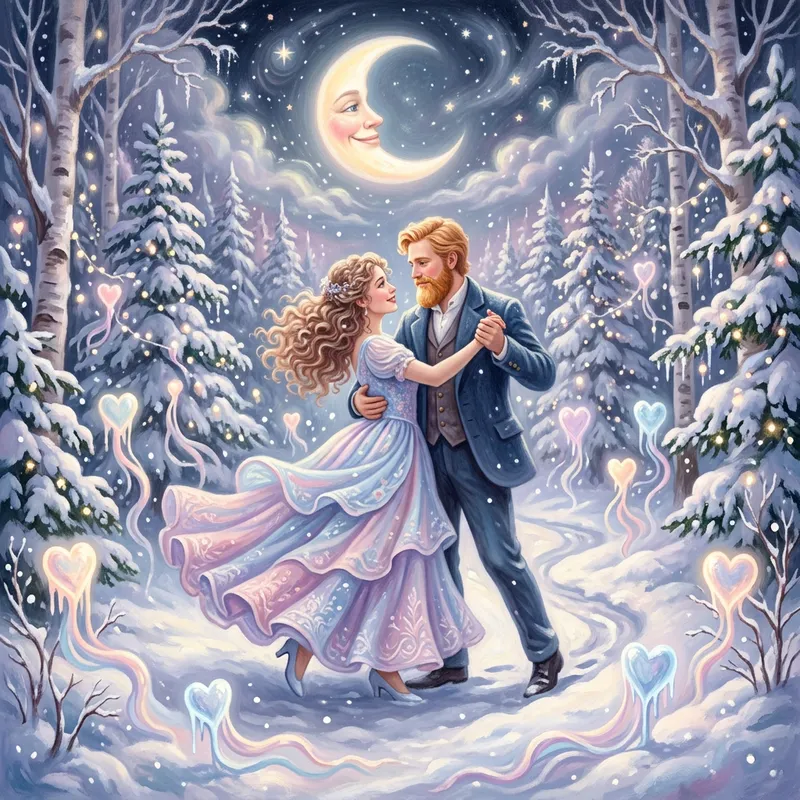 Enchanting Couple Dances in Moonlit Forest with Whimsical Hearts