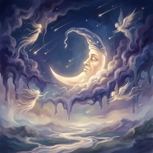 Surreal Moonlit Scene with Crescent Man - Ethereal Art