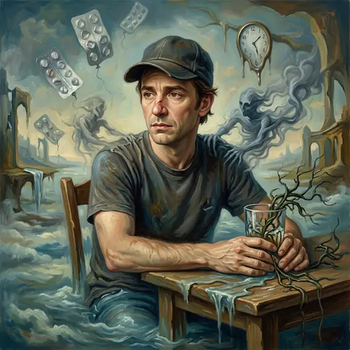 Surrealistic Artwork of Man Drowning in Addiction Emotions