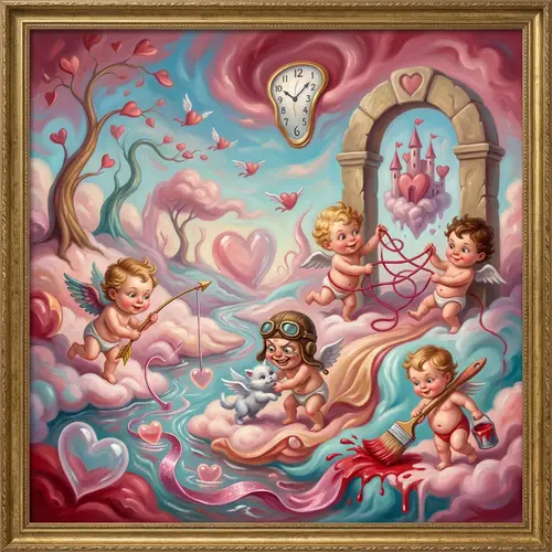 Surreal Cupids: Whimsical Art Scene for Valentine's Day