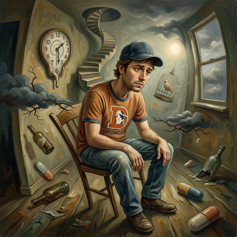Surrealist Artwork of Denver Broncos Fan in Addiction Turmoil