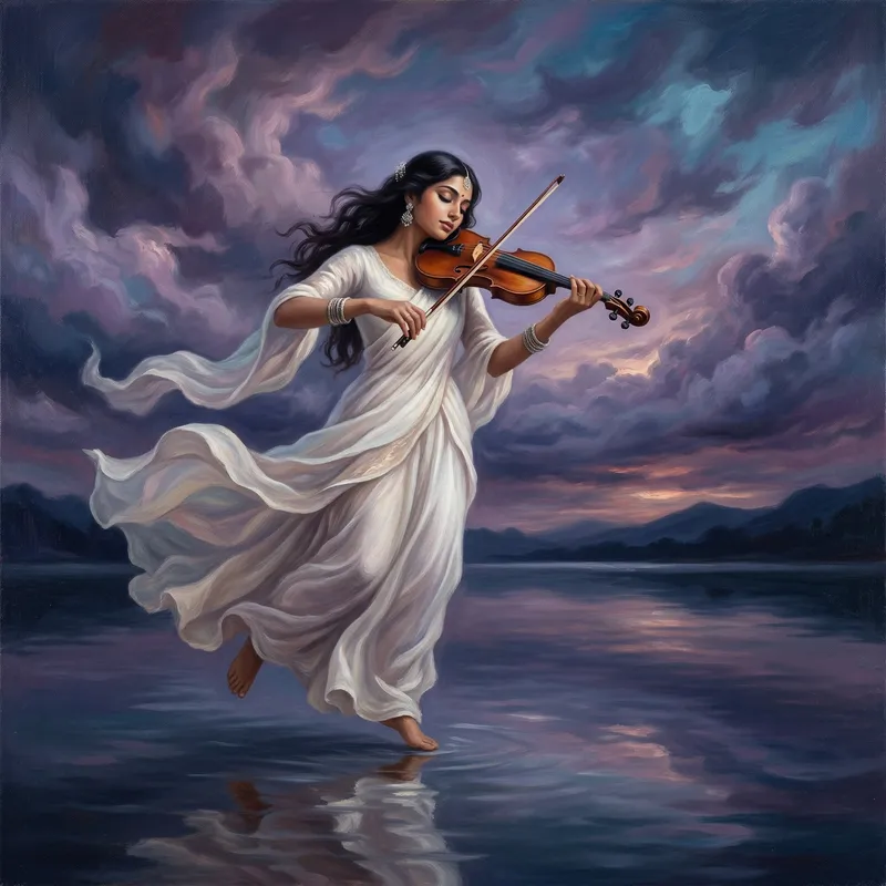 Ethereal Woman Playing Violin on Serene Lake at Twilight