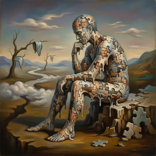 Dream-like Surrealistic Artwork: Mosaic of Merging Puzzle Pieces