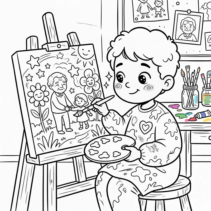 Whimsical Cartoon Child Painting Tribute Coloring Page