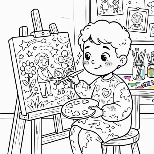 Whimsical Cartoon-Style Coloring Page: Young Child Painting Tribute