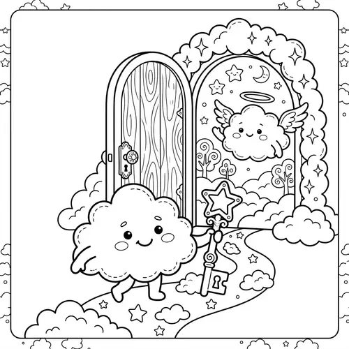 Whimsical Cloud Coloring Page - Key to Angelic Realm