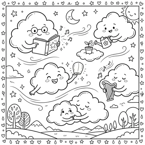 Whimsical Cloud Coloring Page for Children | Digital Illustration