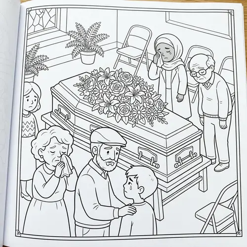 Cartoon Style Coloring Book Page with Diverse Characters and Coffin