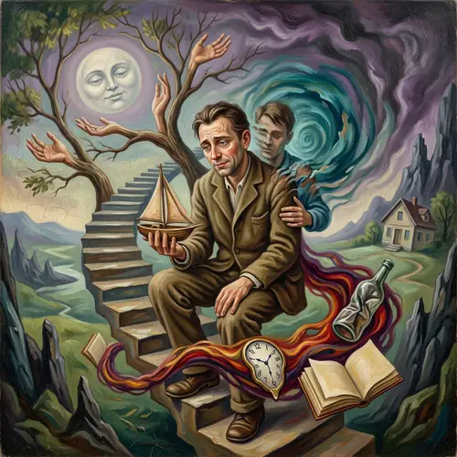 Surreal Oil Painting of a Turbulent Man's Emotional Journey