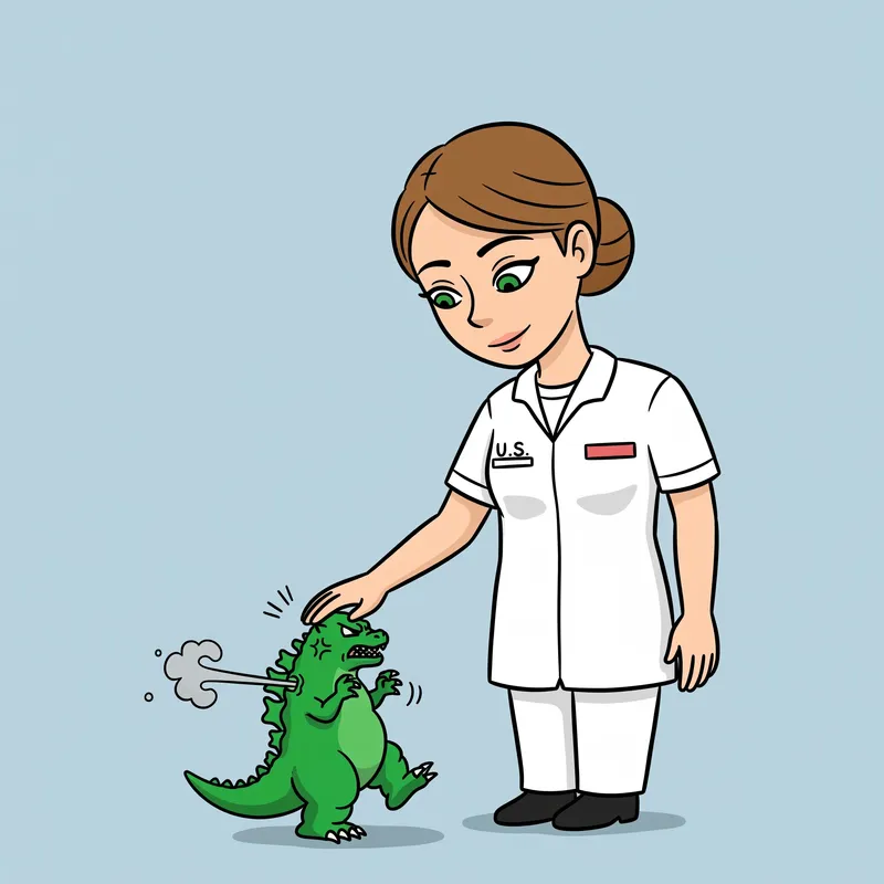 Navy Corpsman Calms Tiny Godzilla: Cartoon Fun