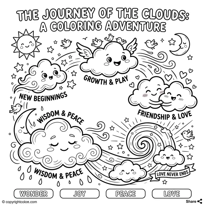 Whimsical Clouds with Expressive Faces Coloring Page | Digital Design
