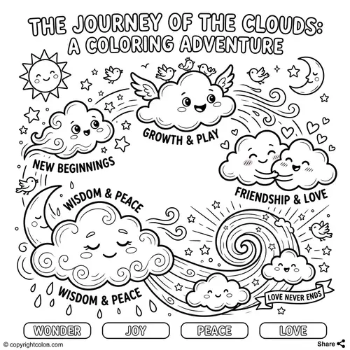 Whimsical Clouds Coloring Page for Children | High-Resolution Design