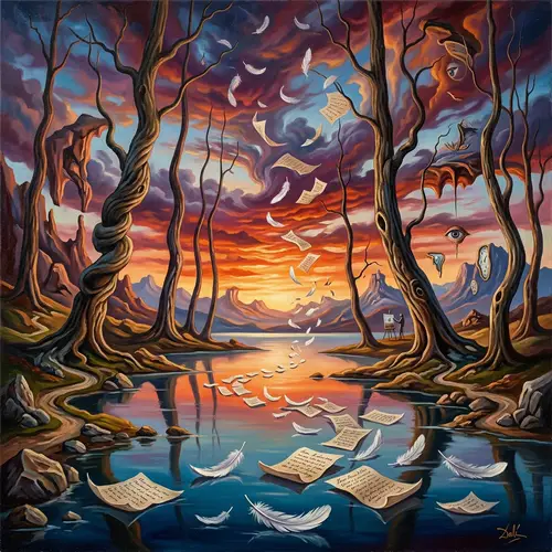 Surreal Sunset Landscape at Tranquil Lake | Salvador Dali Style