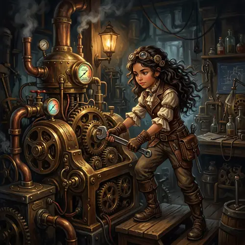 Young Hispanic Girl in Steampunk Attire Operating Steam Machine